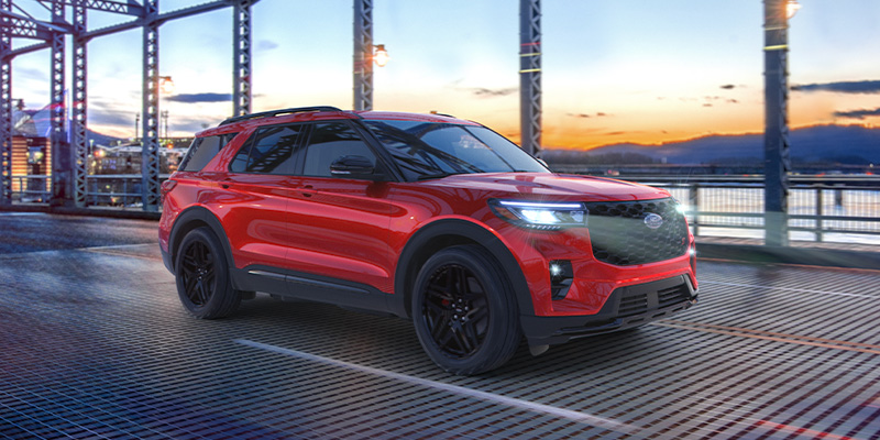 A red 2025 Ford Explorer.