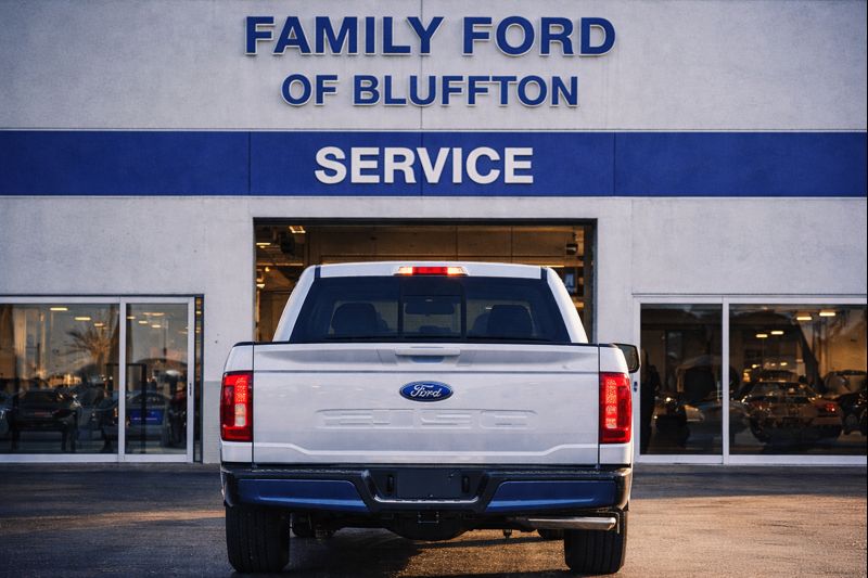 White Ford pickup truck parked at the Family Ford of Bluffton service department during routine maintenance visit